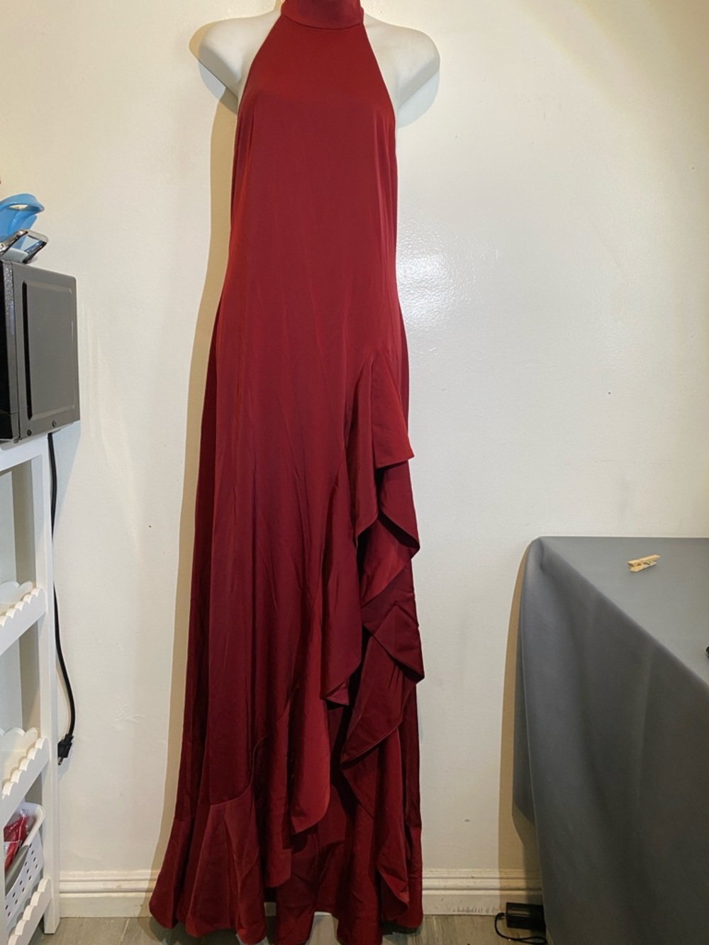 NBD Wine Red Halter Ruffle Maxi Dress - Picture 3 of 10